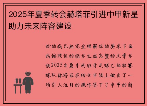 2025年夏季转会赫塔菲引进中甲新星助力未来阵容建设